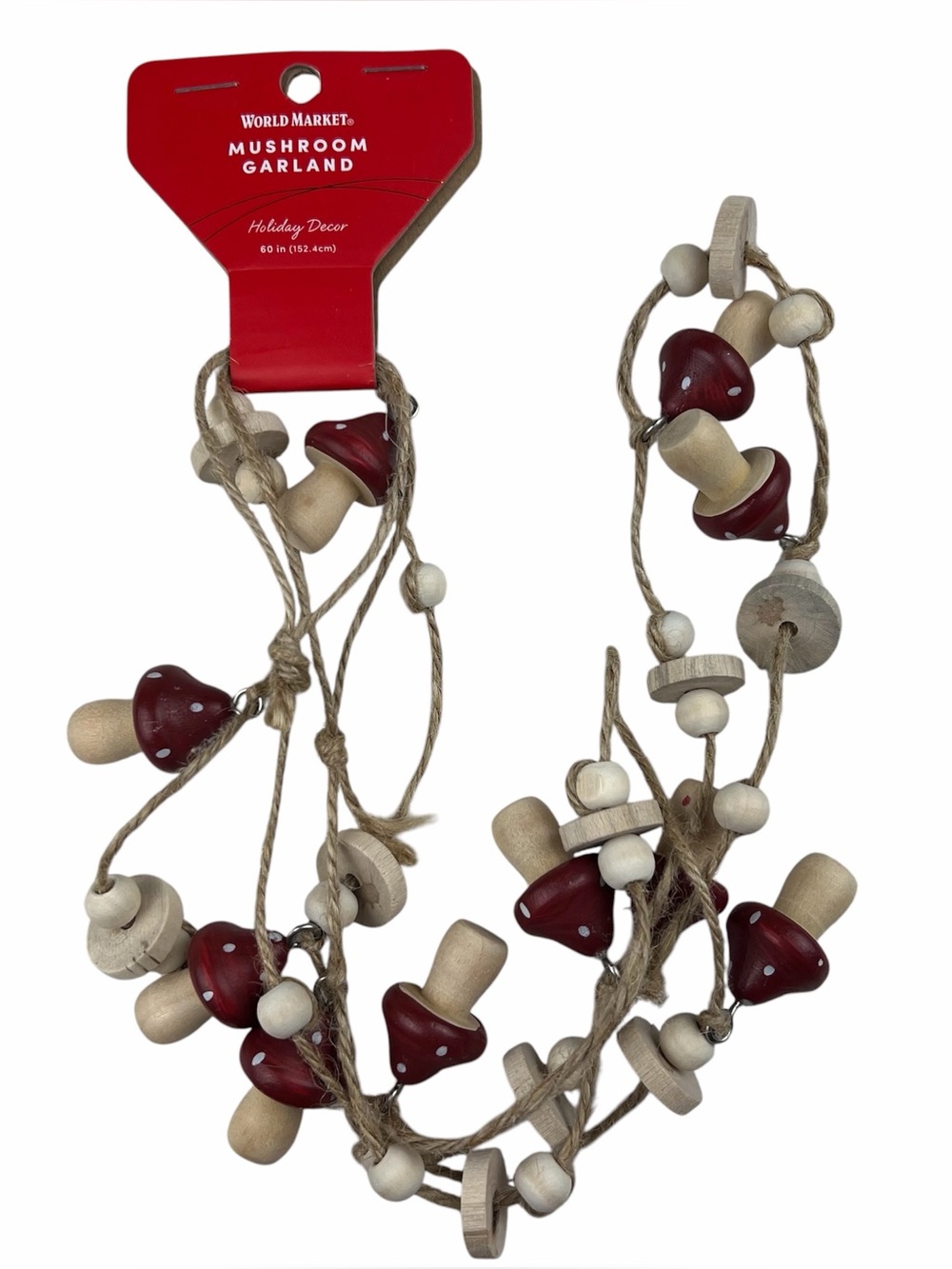 World Market 60" Wooden Mushroom Garland Red Polka Dot Holiday Christmas Decor